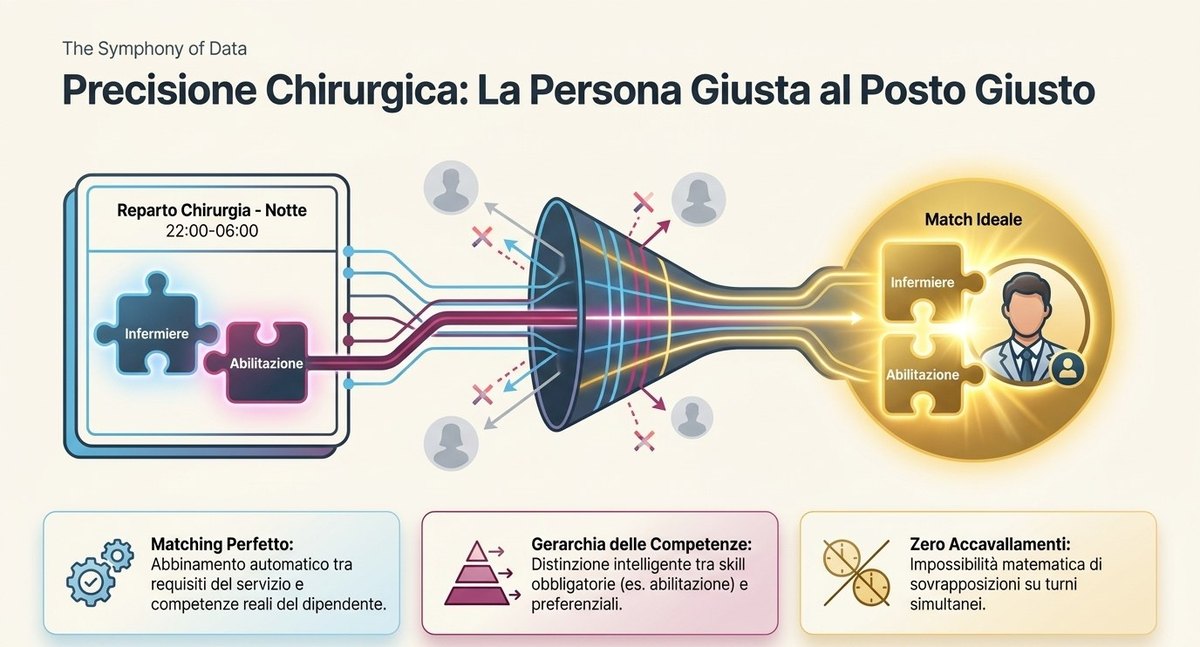 Matching tra requisiti del servizio e competenze del dipendente: skill obbligatorie, preferenziali e zero accavallamenti